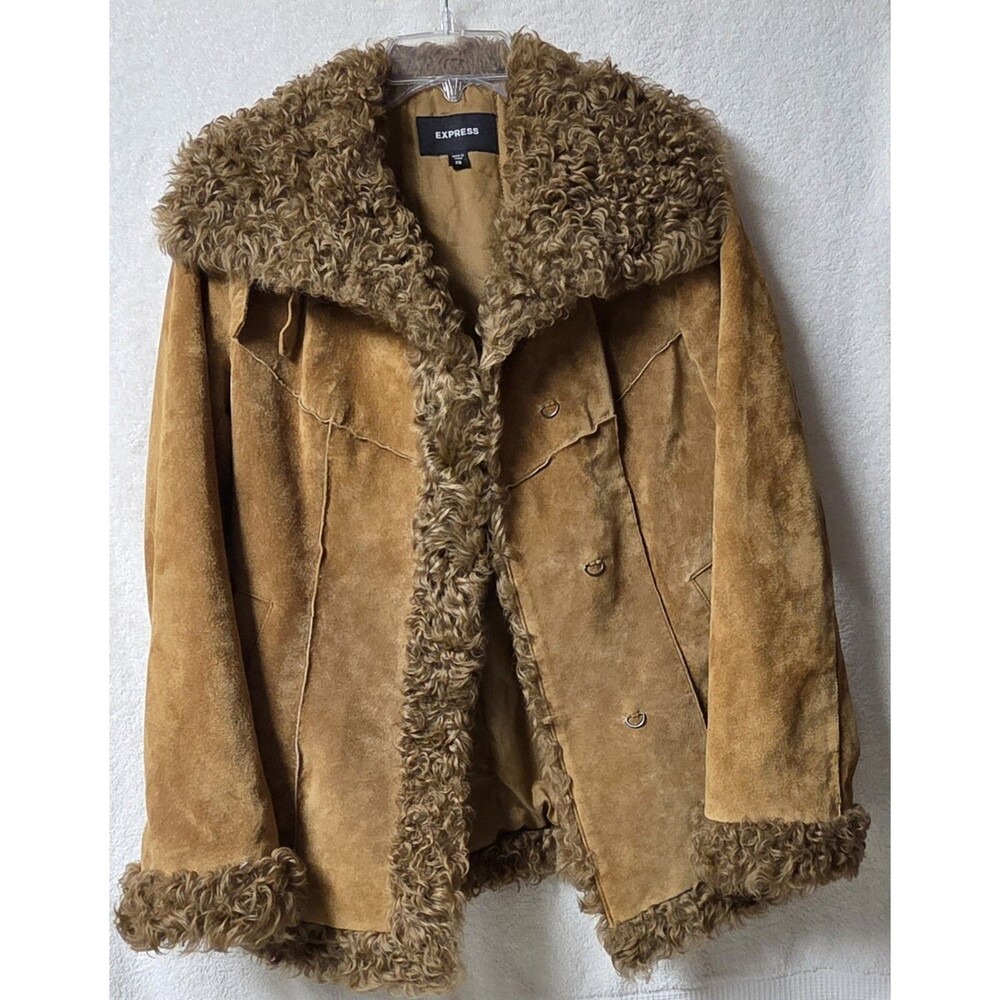 VTG Y2K Express Suede Leather Penny Lane Coat Dyed Lamb Fur Trim Afghan Boho XS